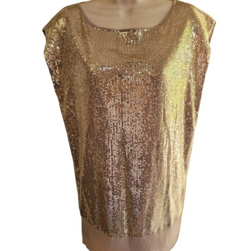 Caché Champagne/Nude Sequins Boat Neck Blouse Size Small
